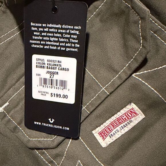 TRUE RELIGION Bobbi Baggy Cargo Joggers Green Size 27 MSRP $199 - Picture 10 of 10